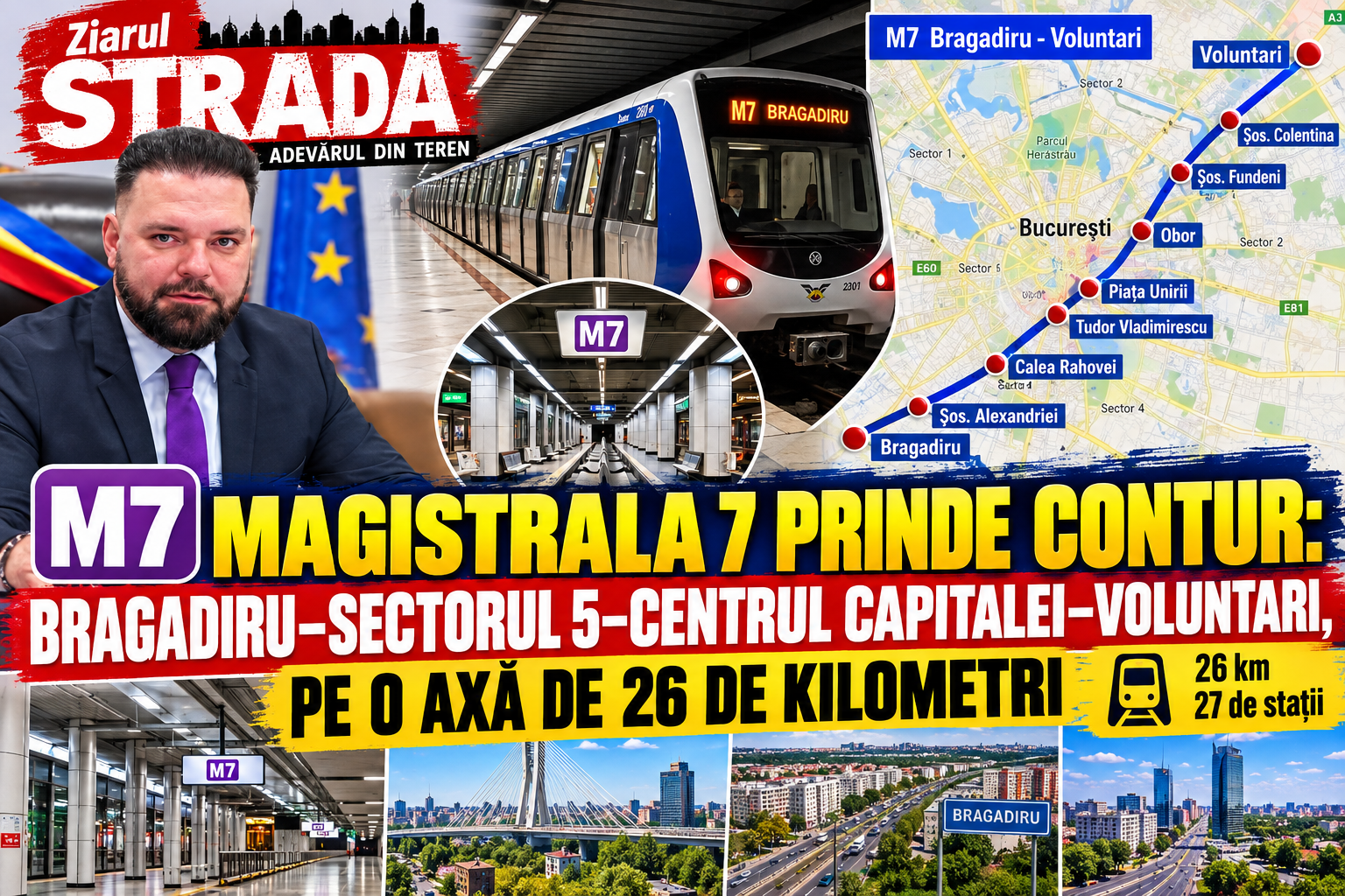 Magistrala 7 prinde contur: Bragadiru–Sectorul 5–centrul Capitalei–Voluntari, pe o axă de 26 de kilometri